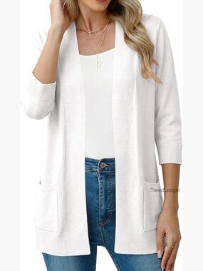 Lightweight V-Neck Cardigan with Pockets, 3/4 Sleeves Open Front